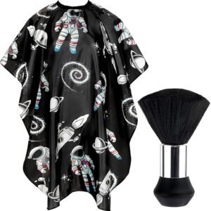 FEBSNOW Kids Hair Cutting Cape,Professional Kids Barber Cape and Neck Duster Brush Cartoon Hairdresser Apron with Adjustable Closure for Children Salon Barber Supplies(Astronaut Space Travel)