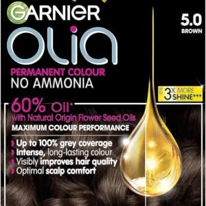Garnier Olia Permanent Hair Dye, No Ammonia, Full Grey Coverage, Long-lasting Colour & Shine, Vegan Formula, Colour: 5.0 Brown, 230g